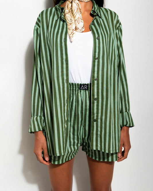 GREEN STRIPED PRINT MATCHING SET OUTFIT WITH SHIRT AND SHORTS