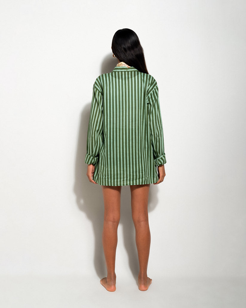 GREEN STRIPED PRINT MATCHING SET OUTFIT WITH SHIRT AND SHORTS