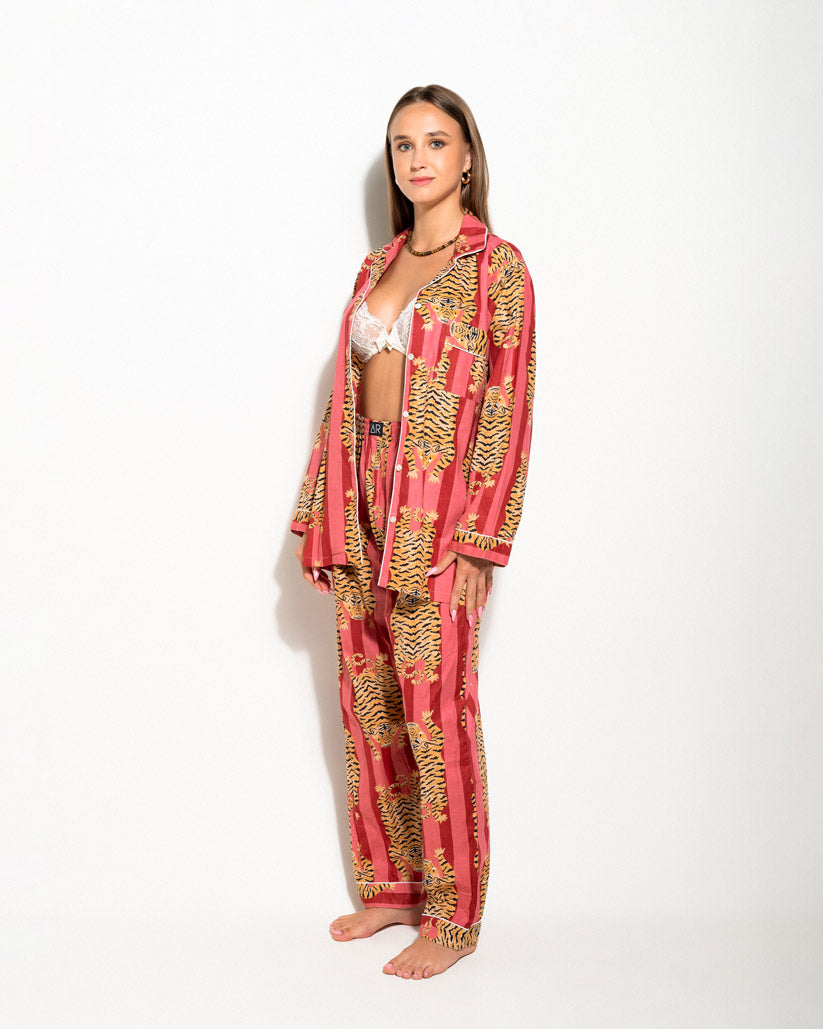 MATCHING SET WITH STRIPED PRINT AND PINK TIBETAN TIGERS