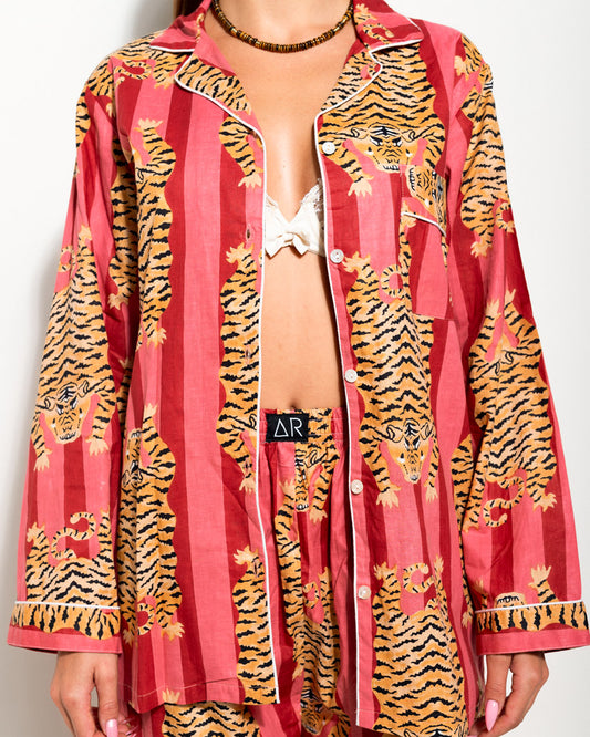 MATCHING SET WITH STRIPED PRINT AND PINK TIBETAN TIGERS