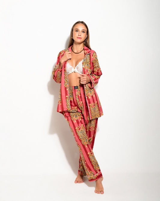 MATCHING SET WITH STRIPED PRINT AND PINK TIBETAN TIGERS