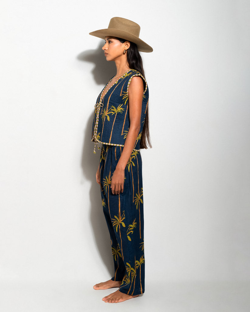 MATCHING SET WITH VEST AND NAVY PALM PRINT PYJAMA PANTS