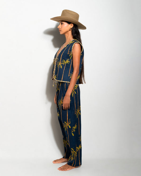 MATCHING SET WITH VEST AND NAVY PALM PRINT PYJAMA PANTS