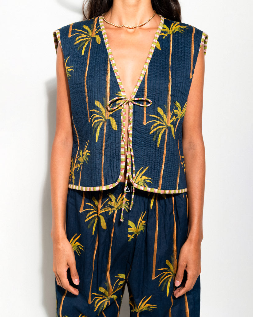MATCHING SET WITH VEST AND NAVY PALM PRINT PYJAMA PANTS