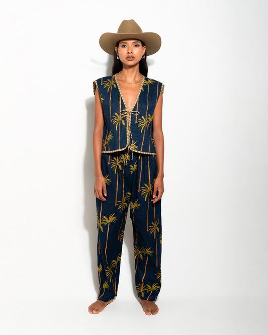 MATCHING SET WITH VEST AND NAVY PALM PRINT PYJAMA PANTS